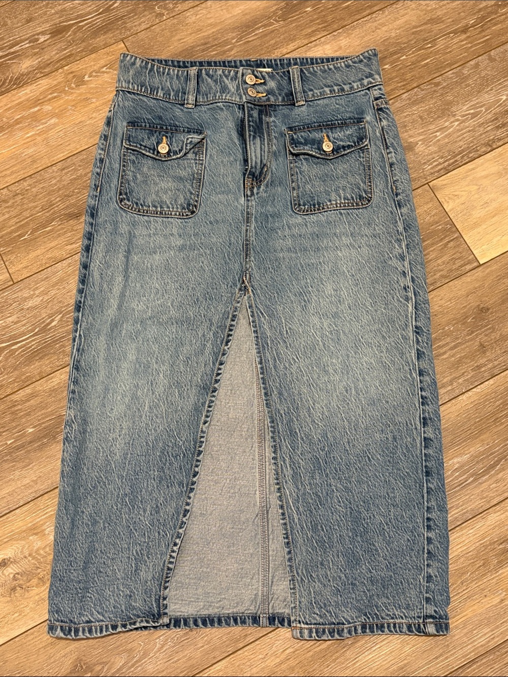 We The Free Vintage Blue Denim Straight Midi Skirt with Front Slit
